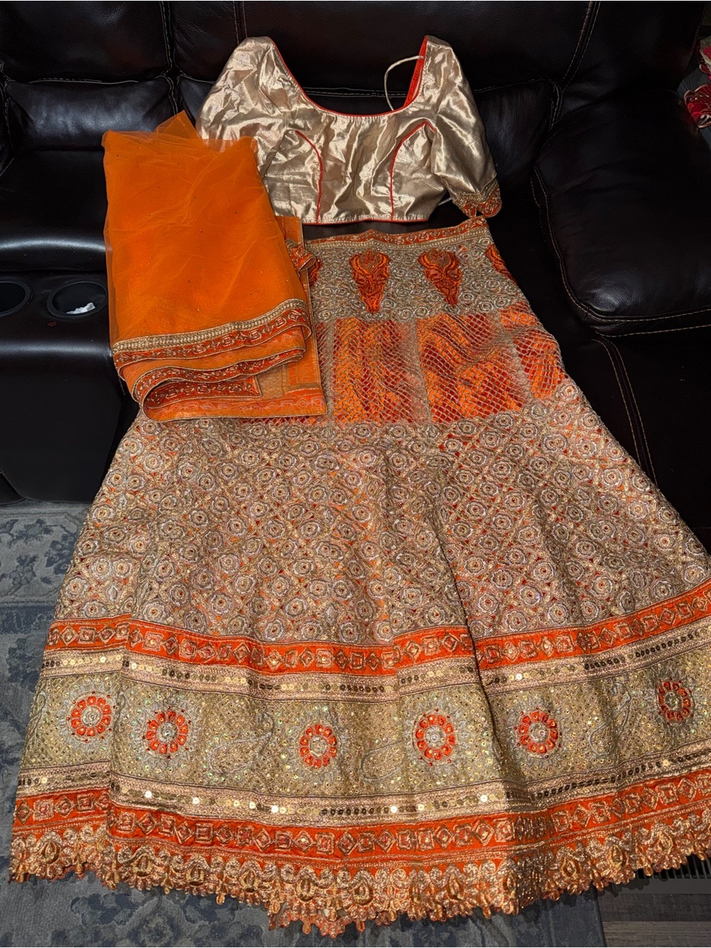 Women's Orange & Gold Embroidered Lehenga Choli with Matching Dupatta